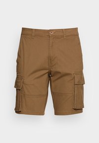 Shorts cargo marron en tissu mélangé coton, dotés de plusieurs poches latérales, d'une fermeture à bouton et de coutures renforcées pour plus de durabilité.