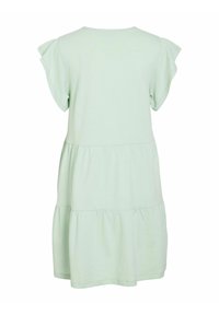 Mint green dress with short flutter sleeves, tiered design, and a relaxed fit. Soft cotton fabric and a round neckline.