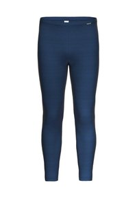 Marineblaue Leggings mit dünnen horizontalen schwarzen Streifen, knöchellang, mit einem kleinen weißen Markenlabel am Bund.