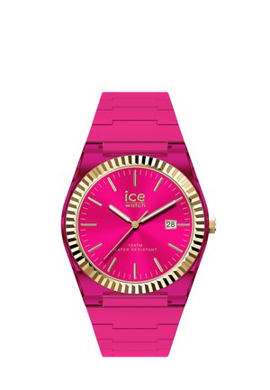 Reloj de pulsera rosa con bisel dorado, marcadores y manecillas doradas, fecha a las 3 en punto y correa rosa enlazada.