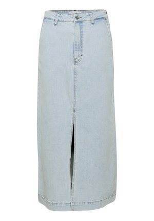 Dżinsowa spódnica w jasnoniebieskim kolorze, prosta, do kolan, z rozcięciem z przodu, z paskiem na pasek i zapięciem na guzik w talii.