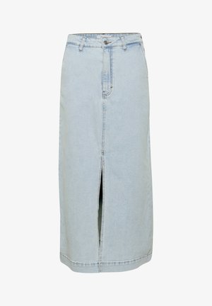 Dżinsowa spódnica w jasnoniebieskim kolorze, prosta, do kolan, z rozcięciem z przodu, z paskiem na pasek i zapięciem na guzik w talii.