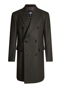 Dubbelgeknoopte jas van donkergroene wol, voorzien van een notched kraag, klepzakken en zes contrasterende zwarte knopen aan de voorkant.