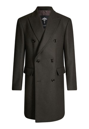 Cappotto doppiopetto in lana verde scuro, caratterizzato da un colletto con risvolto, tasche con patta e sei bottoni neri a contrasto sul davanti.