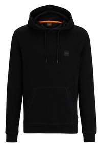 Svart hoodie i mjuk tyg med en framficka, dragsko i huvan och en orange kant. Har en liten svart logotypapplikation.