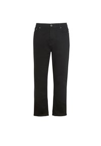 Pantalones de mezclilla negros con corte recto, que cuentan con bolsillos frontales, cierre de botón y detalles de costura sutiles a lo largo de las costuras.