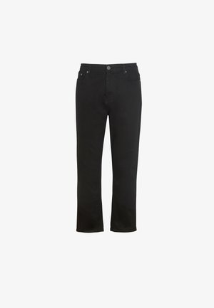 Black denim pants with a straight cut, featuring front pockets, a button closure, and subtle stitching details along the seams.