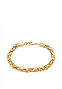 Zelta ķēdes rokassprādze ar savstarpēji saistītām ovāla formām, teksturētu virsmu un drošu omāra aizdari.