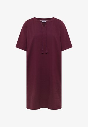 Bourgogne kortærmet tunikakjole med tekstureret stof, rund halsudskæring og frynsebind foran.