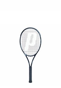 Raqueta de tenis negra con cabeza redondeada, empuñadura texturizada y logo blanco en el centro de las cuerdas. Diseño ligero, adecuado para jugar.