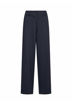 Donker marineblauwe broek met dunne verticale witte krijtstrepen, knoopsluiting en riemlussen, getoond op een effen witte achtergrond.