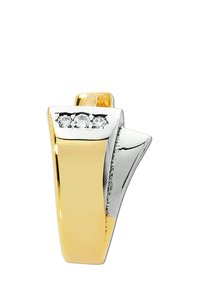 Pendentif en or et argent au design géométrique, agrémenté de trois pierres précieuses claires incrustées sur une surface polie avec un bord texturé.