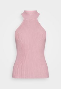 Różowa żebrowana bluzka bez rękawów z wysokim stójką, dopasowanym krojem i teksturowanym materiałem. Brak wzorów lub dodatkowych akcentów.
