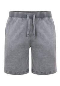 Shorts en coton gris avec une finition texturée, taille élastique et cordon de serrage. Présente des coutures latérales et une coupe décontractée.