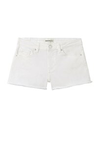 Shorts en denim blanc avec un ourlet effiloché, dotés de deux poches avant et d'une fermeture à glissière. Étiquette de la marque cousue sur la taille.