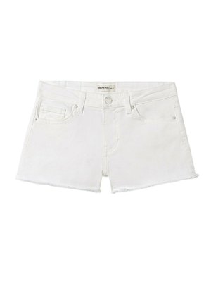 Shorts en denim blanc avec un ourlet effiloché, dotés de deux poches avant et d'une fermeture à glissière. Étiquette de la marque cousue sur la taille.