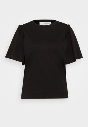 Black short-sleeve t-shirt with ruffled accents on shoulders, made from a soft material, featuring a crew neckline and a relaxed fit.