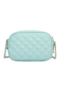Borsa a tracolla trapuntata di colore azzurro chiaro con forma rettangolare, tracolla a catena e texture liscia. Presenta un motivo di cucitura a diamante.