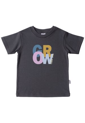 Dark gray short-sleeved t-shirt featuring a colorful "GROW" graphic design in blue, pink, yellow, and white lettering. Cotton material, standard fit.