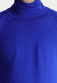 Maglione blu a collo alto con colletto e cuciture sulle spalle a coste, con una superficie liscia e un dettaglio a maglia triangolare all'ascella.