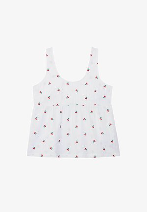 Witte mouwloze top met een ronde halslijn, versierd met een kersenpatroon in rood en groen. Lichtgewicht stof met een losse, geraffineerde ontwerp.