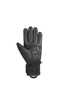 Schwarze Handschuhe aus Leder und Stoff mit einer strukturierten Oberfläche, fünf Fingern und einem Bergmotiv auf der Rückseite. Verstellbarer Handgelenksriemen inklusive.