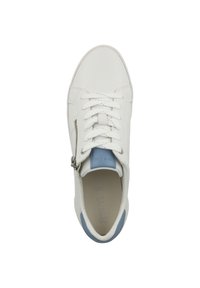 White leather sneaker with a textured finish, featuring blue accents, laces, and a side zipper for easy access.