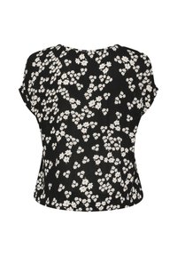 Camiseta negra de manga corta con estampado floral de flores blancas y centros rojos, fabricada en tejido suave y con un corte relajado.