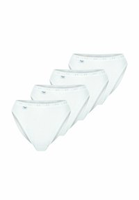White cotton briefs featuring a flat waistband with a lace trim and a small logo. Pack of five, designed for comfort and everyday wear.