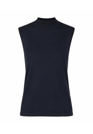 Haut en maille bleu marine sans manches avec col montant, silhouette ajustée et texture unie, présenté sur un fond blanc.