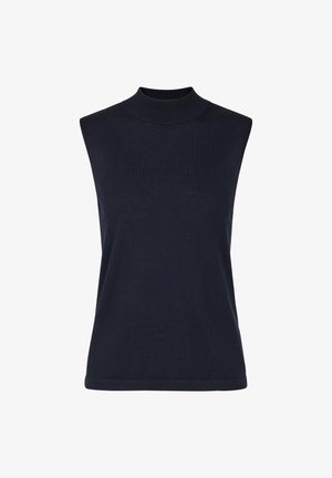 Haut en maille bleu marine sans manches avec col montant, silhouette ajustée et texture unie, présenté sur un fond blanc.