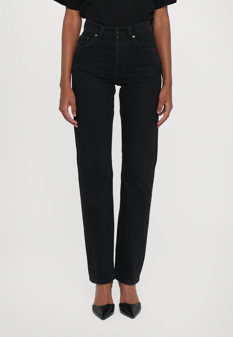 Black high-waisted jeans with a straight fit, made from denim, featuring a classic five-pocket design and subtle stitching details.