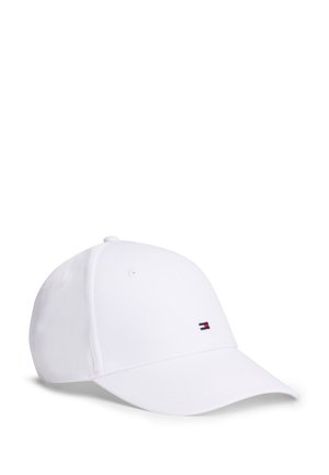 Casquette de baseball blanche avec un petit logo rectangulaire rouge, blanc et bleu à l'avant, sur un fond blanc uni.
