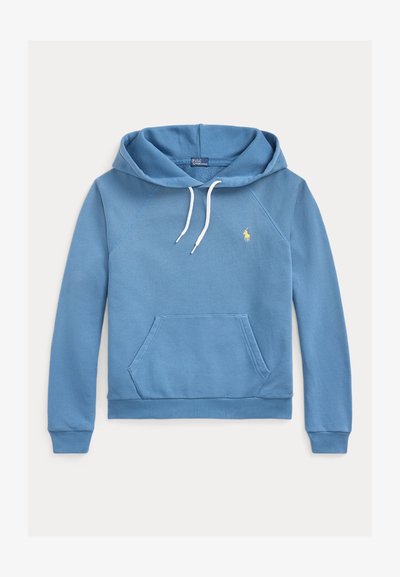 Haut à capuche bleu en mélange de coton, avec une poche kangourou, une capuche à cordons, des poignets côtelés et un petit logo accentué sur la poitrine.