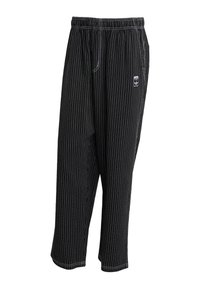 Black pinstriped pants with an elastic waistband, side pockets, and a small logo tag on the front. Lightweight fabric with a smooth texture.