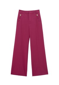 Spodnie o szerokich nogawkach w intensywnym magencie, wykonane z gładkiego materiału, z dwoma złotymi guzikami z przodu i dopasowanym paskiem w talii.