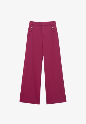 Pantaloni a gamba larga in magenta vivace, realizzati in un tessuto morbido, con due bottoni tono oro sul davanti e una vita su misura.