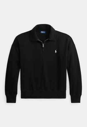 Pull noir à manches longues avec col demi-zip et petit logo blanc brodé sur le côté gauche de la poitrine.