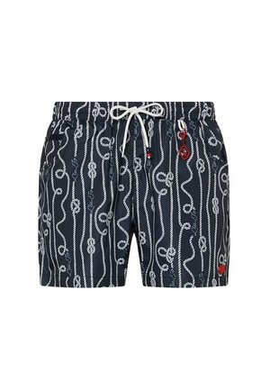Short de bain bleu marine avec motifs cordages nautiques blancs, taille à cordon blanc, poches latérales et détail porte-clés rouge sur le côté droit.