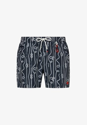 Short de bain bleu marine avec motifs cordages nautiques blancs, taille à cordon blanc, poches latérales et détail porte-clés rouge sur le côté droit.