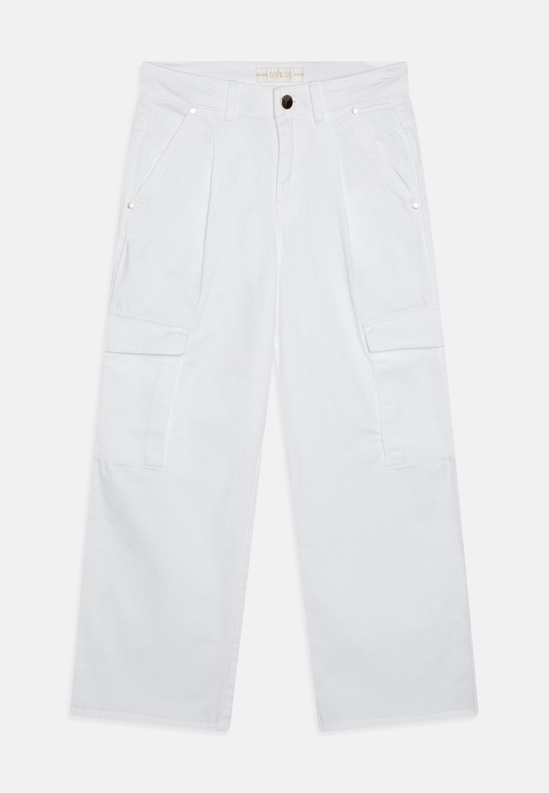 Pantalon cargo blanc à coupe large. Comprend des poches avant, des poches cargo latérales et une fermeture par bouton. Fabriqué en tissu de coton.
