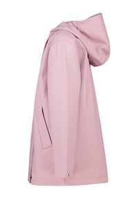 Light pink, hooded rain jacket made of smooth, waterproof material. Features side pockets and snap closures at the cuffs.