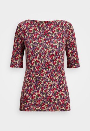 Haut à manches courtes imprimé floral avec un large col. Il présente un motif multicolore sur fond violet foncé, fabriqué en tissu doux.