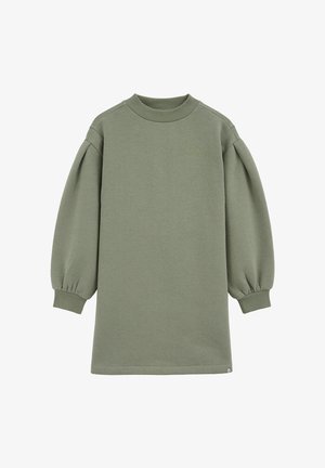 Grünes Sweatshirt-Kleid mit Rundhalsausschnitt, langen Puffärmeln, gerippten Bündchen und Saum. Mit aufgesticktem Text auf der Brust. Aus weichem Stoff.