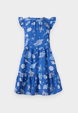 Abito in cotone blu con maniche a sbuffo corte, dotato di una gonna a strati e motivi marini bianchi, tra cui conchiglie e stelle marine.