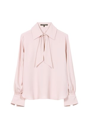 Hellrosa Bluse mit Kragen und Schlaufen-Detail, mit langen Ärmeln und gerafften Bündchen sowie glatter Textur.