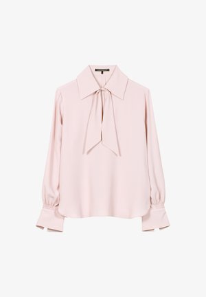 Hellrosa Bluse mit Kragen und Schlaufen-Detail, mit langen Ärmeln und gerafften Bündchen sowie glatter Textur.