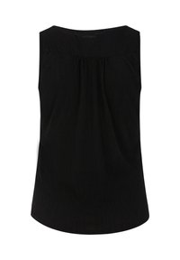 Top nero senza maniche con scollo rotondo, tessuto strutturato e dettagli arricciati sulle spalle, che offre una vestibilità comoda.