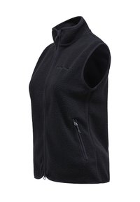 Schwarze Fleeceweste mit hohem Kragen, ärmellosem Design, vorderem Reißverschluss und Seitentaschen. Weiche Textur mit einem dezenten strukturierten Muster.