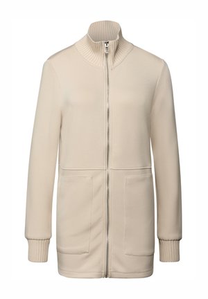 Veste beige zippée avec col côtelé, manches longues et deux poches avant. Texture lisse avec un design décontracté et une coupe ajustée.